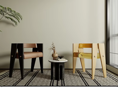 Modern Table and Chair Set With Black Beige Wooden Chairs Side Table Rug and Indoor Plant 3d model