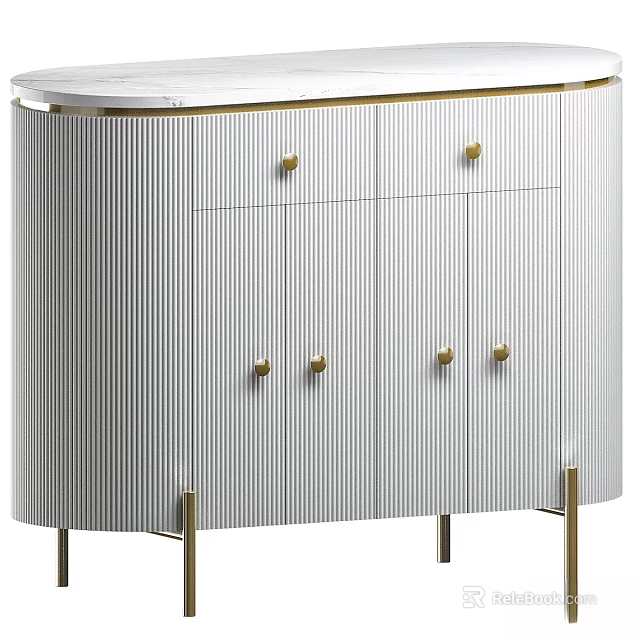 Elegant White Vertical Striped Cabinet With Golden Handles And Legs Design 3d model 