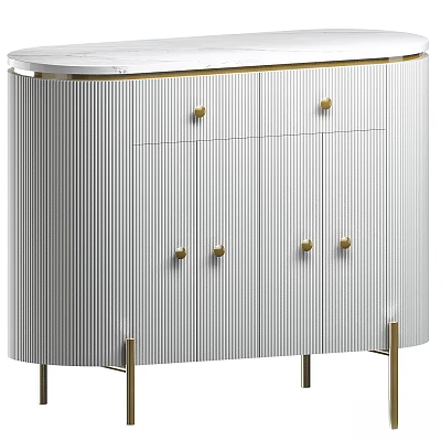 Elegant White Vertical Striped Cabinet With Golden Handles And Legs Design 3d model
