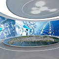 Futuristic Technology Display With Circular Platform Earth Model Data Streams And Molecular Structures