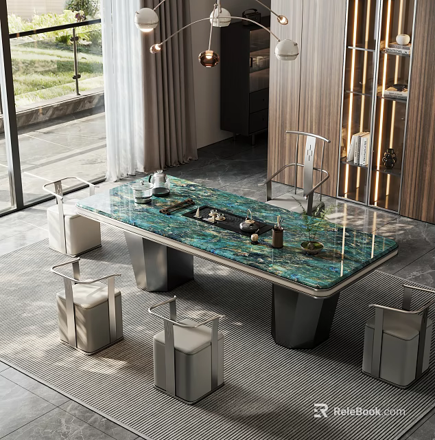 Modern Tea Table and Chairs with Green Marble Surface and Tea Accessories in Bright Indoor Space 3d model 
