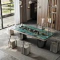 Modern Tea Table and Chairs with Green Marble Surface and Tea Accessories in Bright Indoor Space