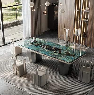 Modern Tea Table and Chairs with Green Marble Surface and Tea Accessories in Bright Indoor Space 3d model