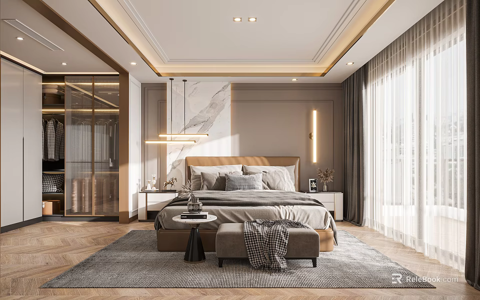 Modern Bedroom Interior Design With Large Bed Beige Upholstered Headboard Marble Wall And Open Closet 3d model 