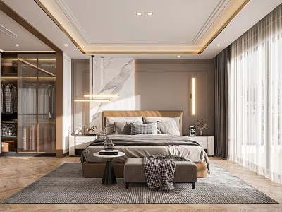 Modern Bedroom Interior Design With Large Bed Beige Upholstered Headboard Marble Wall And Open Closet 3d model