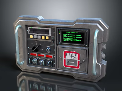 Sci Fi Industrial Control Panel With Metallic Casing Handles Green Text Screen And Buttons 3d model
