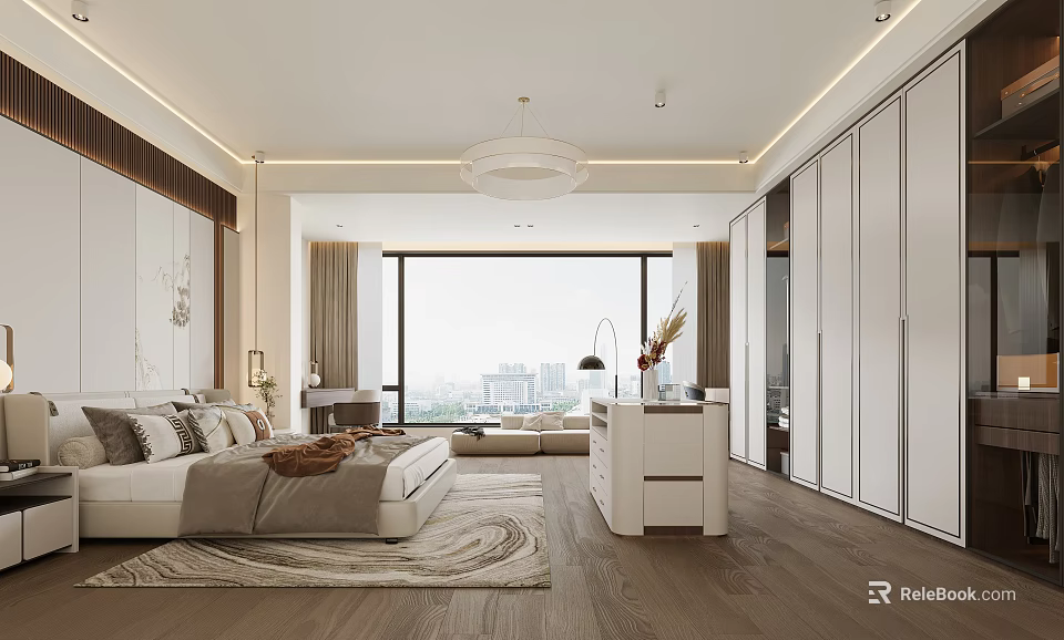 Modern Bedroom Interior With Large Window Wardrobe Bed Rug Desk And Chandelier 3d model 