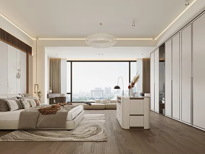 Modern Bedroom Interior With Large Window Wardrobe Bed Rug Desk And Chandelier 3d model