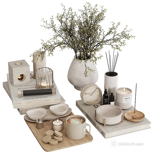 Modern Minimalist Ornamental Decor Set With Vase Branches Candles Trays Diffuser Sticks Books And Bowls 3d model 