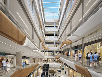 Modern Shopping Mall Atrium with Multi Level Design Glass Skylight Escalators and Shoppers 3d model