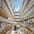 Modern Shopping Mall Atrium with Multi Level Design Glass Skylight Escalators and Shoppers