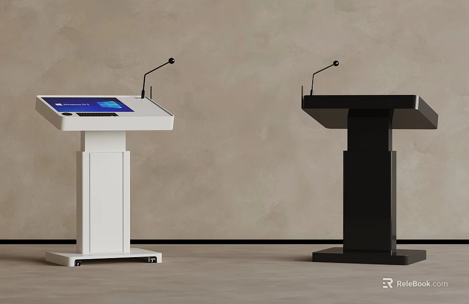 White And Black Podiums With Microphones And Digital Screen For Presentations 3d model 