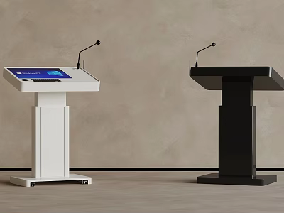 White And Black Podiums With Microphones And Digital Screen For Presentations 3d model