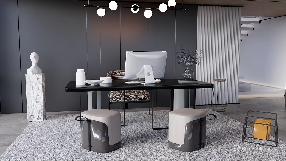 Modern Black Desk With Computer Monitor White Cup And Beige Stools Under Hanging Lights 3d model 