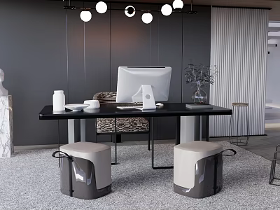 Modern Black Desk With Computer Monitor White Cup And Beige Stools Under Hanging Lights 3d model