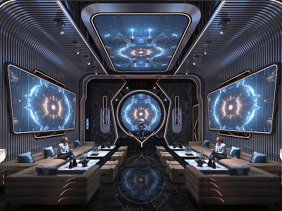 Futuristic KTV Interior With High Tech Lights And Sofas 3d model