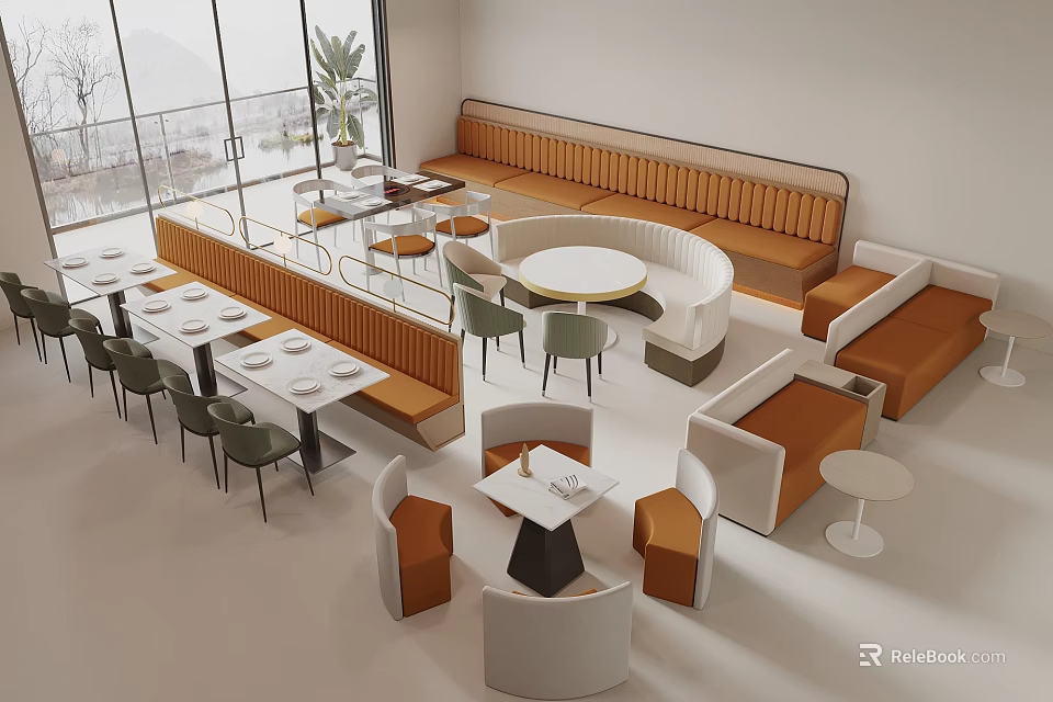 Modern Restaurant Interior With Orange White Seating Round Square Tables And Large Windows 3d model
