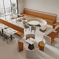 Modern Restaurant Interior With Orange White Seating Round Square Tables And Large Windows 3d model
