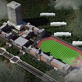 School Campus Buildings Including High Rise Teaching Tower Athletic Stadium And Green Surrounding Trees