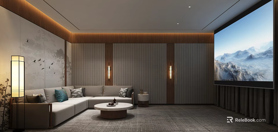 Elegant Home Theater Room Interior With Sectional Sofa Coffee Table And Projector Screen 3d model