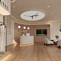 Modern Yoga Studio Reception Area with White Sofa Wooden Flooring Pendant Lights TV Clothing Rack
