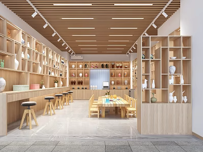 Ceramic Shop Interior With Wooden Shelves Display Items Long Table Stools Bright Ceiling Spotlights 3d model