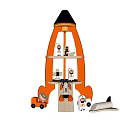 Wooden Rocket Shaped Toy with Shelves Car Parts and Small Dolls