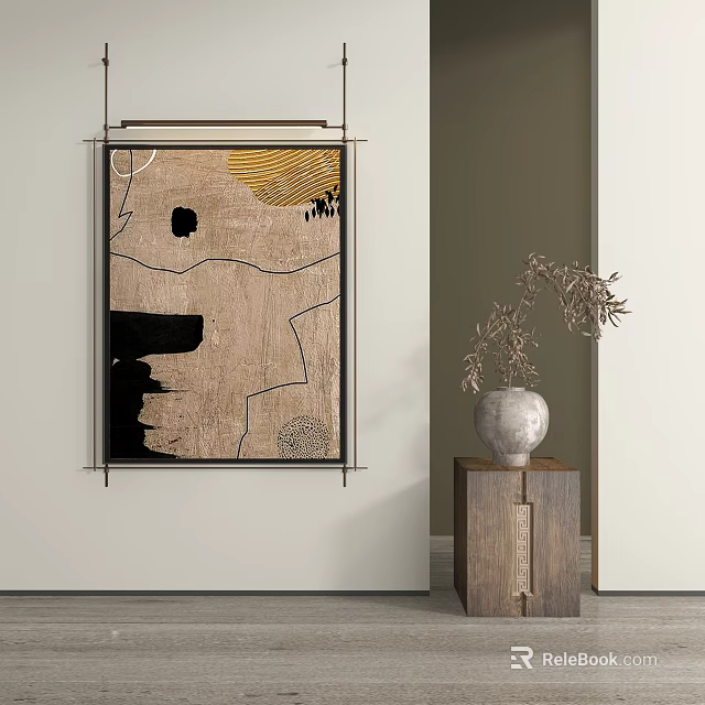 Abstract Painting With Beige Black Tones On Wall Near Wooden Cabinet Vase And Dried Branches 3d model 