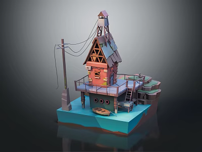 Waterfront Floating Building Featuring Triangular Roof Attic Platform Staircase Boat And Utility Pole Wires 3d model