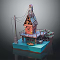 Waterfront Floating Building Featuring Triangular Roof Attic Platform Staircase Boat And Utility Pole Wires 3d model