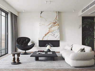 Modern Living Room Interior With Marble Fireplace White Sofa Black Armchair And Coffee Table 3d model