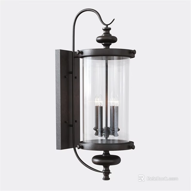 Vintage Black Metal Wall Sconce With Cylindrical Clear Glass Shade And Candle Bulbs 3d model 
