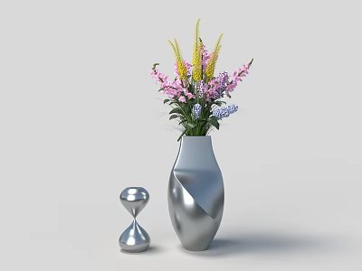 Elegant Metallic Silver Vase With Mixed Pink Yellow Purple Flowers And Small Decorative Ornament 3d model