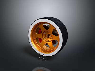 Black Tire With Golden Rim White Edge Center Logo And Small Screws 3d model