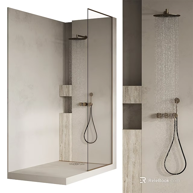 Modern Bathroom Shower Area With Glass Partition Textured Walls And Shower Fixtures 3d model 