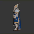 Mythical Knight in Blue and Gold Armor With Winged Helmet and Ornate Details