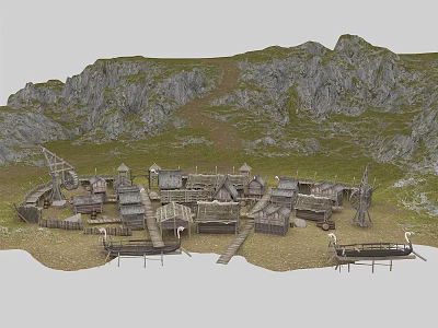 Ancient Architecture Village Featuring Traditional Wooden Structures And Mountain Surroundings 3d model