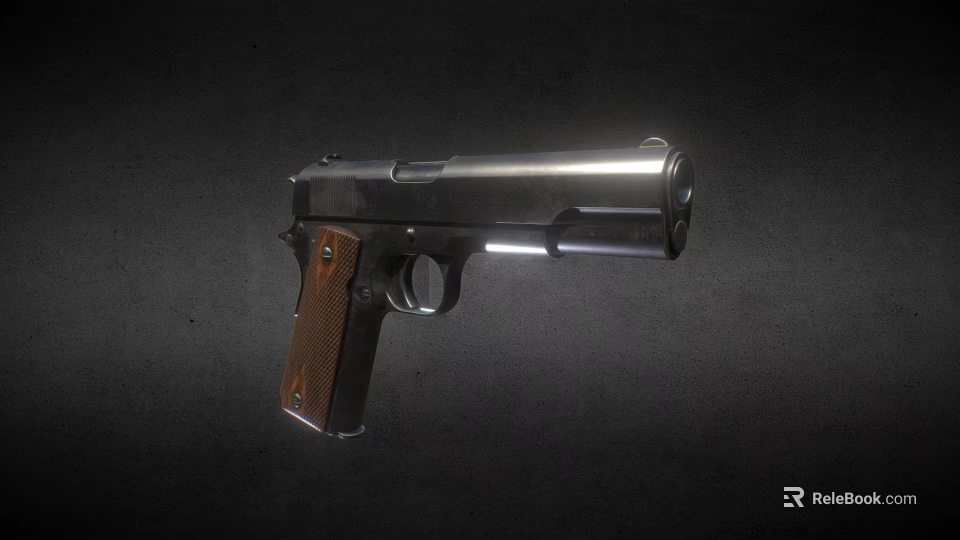 Black Pistol with Wooden Grip and Long Barrel Detailed View 3d model 