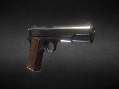 Black Pistol with Wooden Grip and Long Barrel Detailed View 3d model