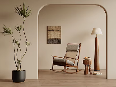 Cozy Rocking Leisure Chair with Side Table Floor Lamp Woven Wall Art and Potted Plant 3d model