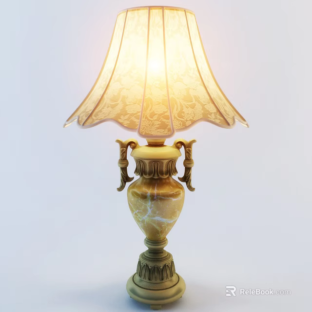 Elegant Classical Table Lamp With Carved Marble Base And Patterned Shade 3d model 
