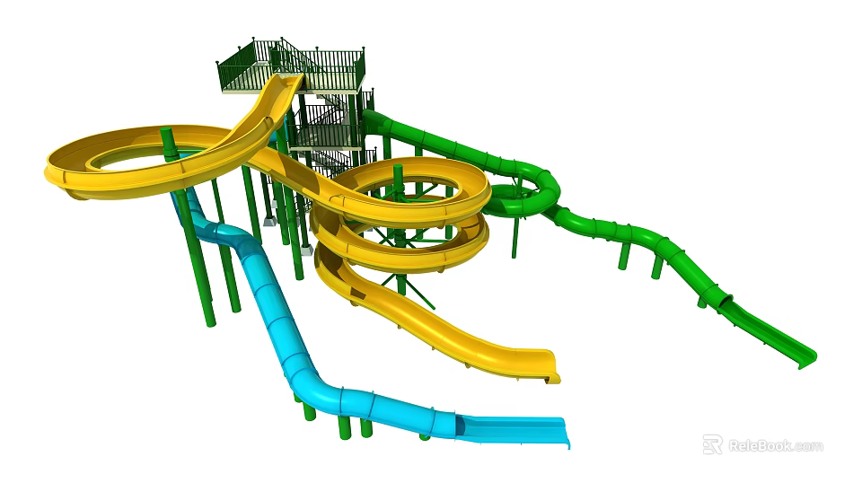 Colorful Spiral Water Slides With Yellow Blue Green Tubes And Platforms For Amusement Park Rides 3d model 