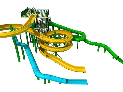Colorful Spiral Water Slides With Yellow Blue Green Tubes And Platforms For Amusement Park Rides 3d model