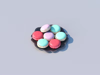 Colorful Assorted Macarons on Black Plate with Vibrant Pastel Hues 3d model