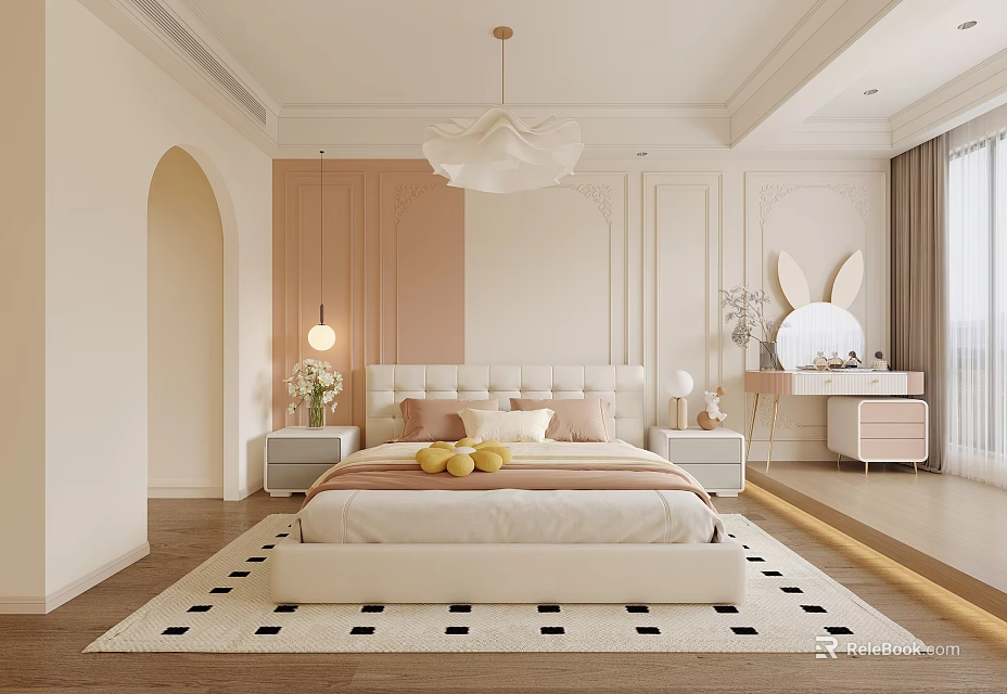 Elegant Modern Bedroom Interior Design With Upholstered Bed Nightstands And Flower Shaped Chandelier 3d model 