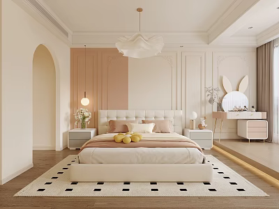 Elegant Modern Bedroom Interior Design With Upholstered Bed Nightstands And Flower Shaped Chandelier 3d model