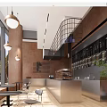 Elegant Modern Café Interior Design With Pendant Lights Bar Counter And Wooden Tables