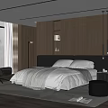 Modern Bedroom Interior With Gray Headboard Bed White Gray Bedding And Wooden Panel Wall