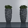 Two Green Potted Plants In Gray Wavy Pattern Pots For Modern Indoor Decor 3d model