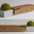 Modern Landscape Bench With Wooden And Concrete Structure And Green Shrub Ball
